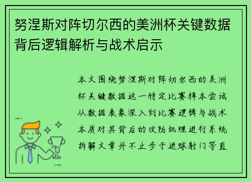努涅斯对阵切尔西的美洲杯关键数据背后逻辑解析与战术启示